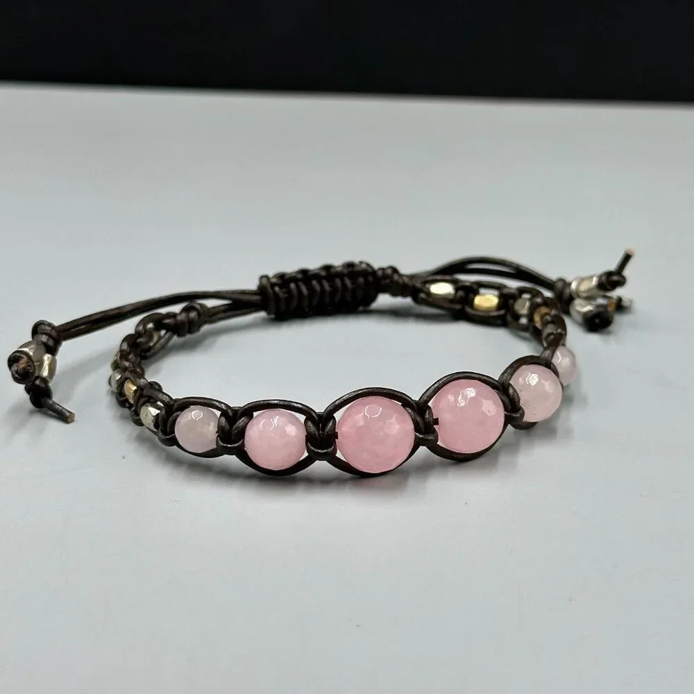 Lucky Brand Pink Rose Quartz Beaded Brown Leather Bracelet Adjustable Cord - Picture 2 of 9